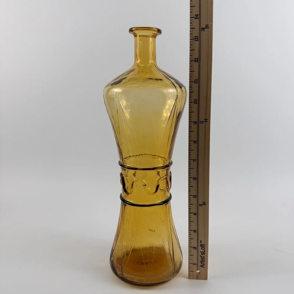 Vintage Empoli Italian Amber Glass Decanter Bottle Applied Ribbon Waist